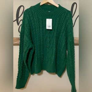 Crown & Ivy Cozy Kelly Green Women's Plus Size Pearl Sweater NWT Sz XXL